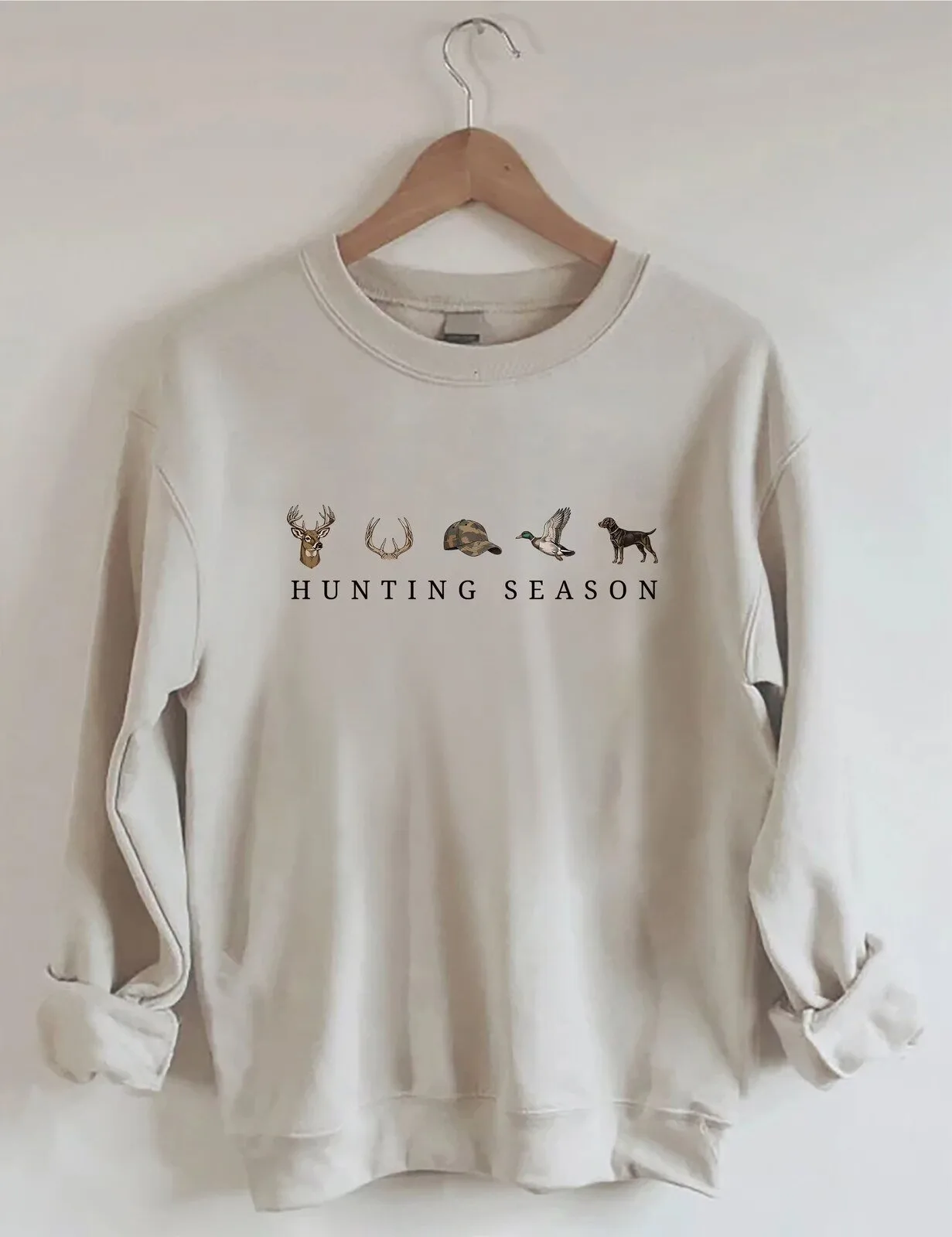 Crewneck Sweatshirt Featuring Deer, Duck, and Dog Hunter Graphic for Hunting Season