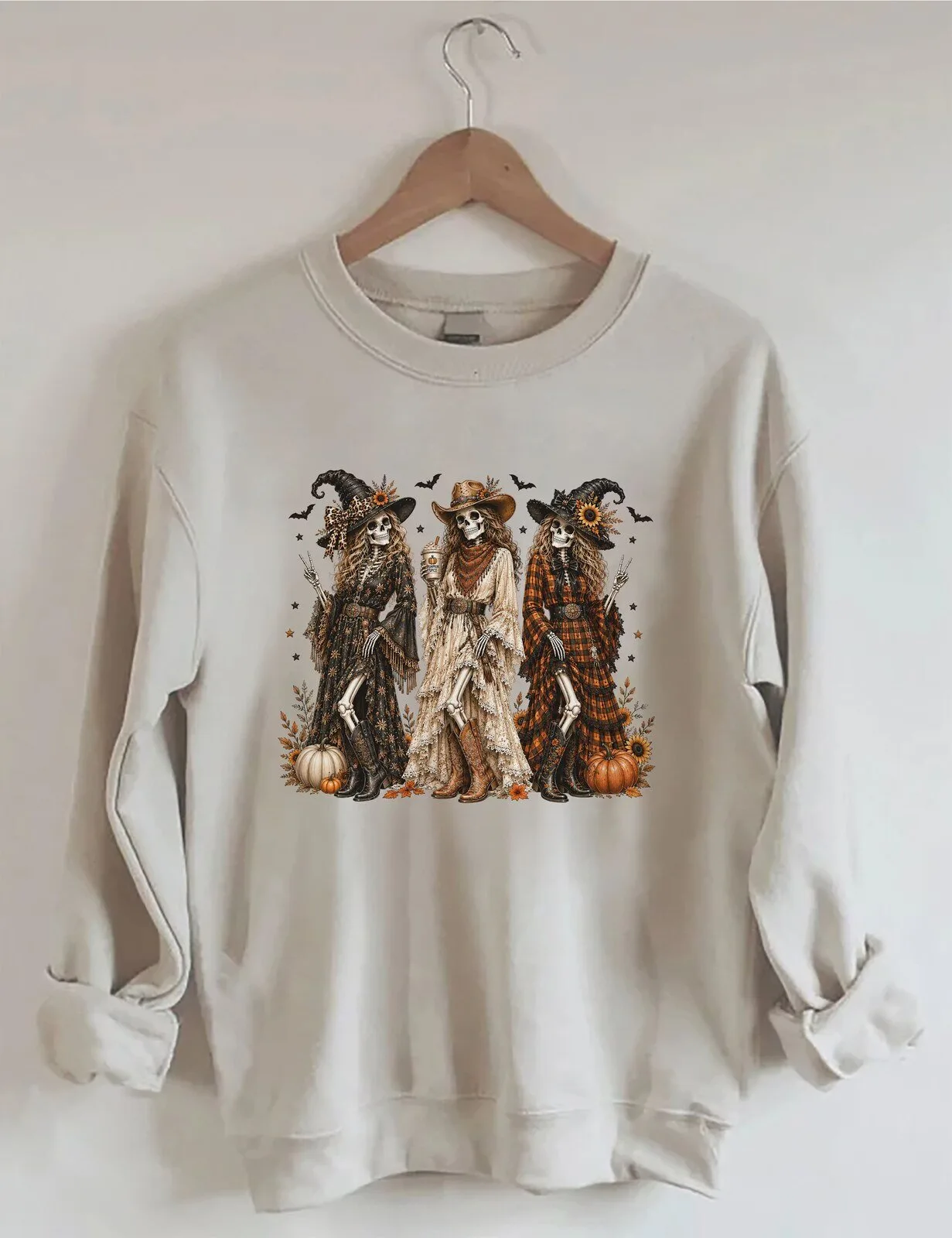 Boho Skeleton Witches Halloween Autumn Fall Crewneck Sweatshirt