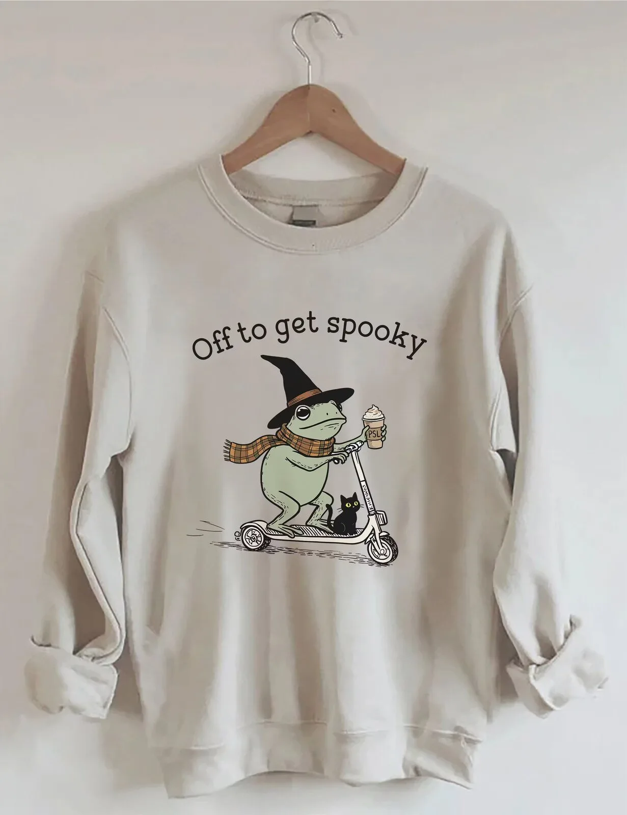 Off To Get Spooky Frog Witch Riding Scooter Sweatshirt