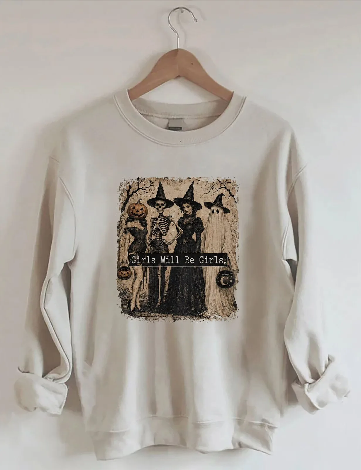 Girls Will Be Girls Halloween Skeleton Witch Pumpkin Ghost Sweatshirt