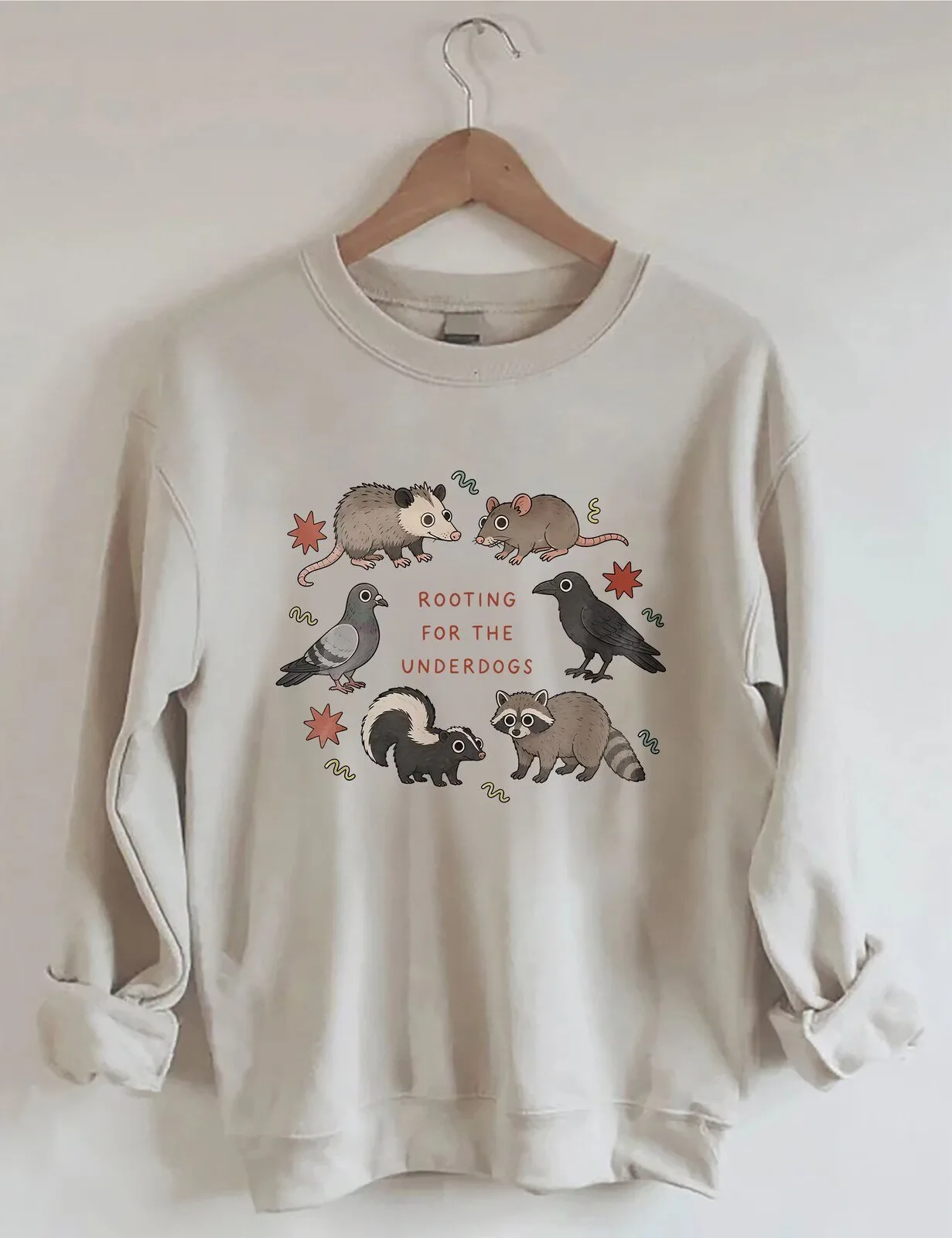Adorable Sweatshirt Featuring Underdog Animals: Possum, Raccoon, Skunk, Crow, and Pigeon