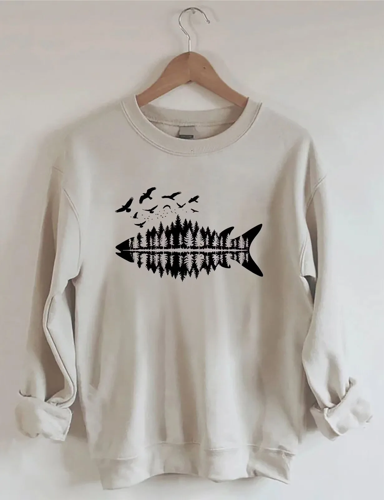 Forest Fish Skeleton Silhouette Nature Birds Outdoors Sweatshirt
